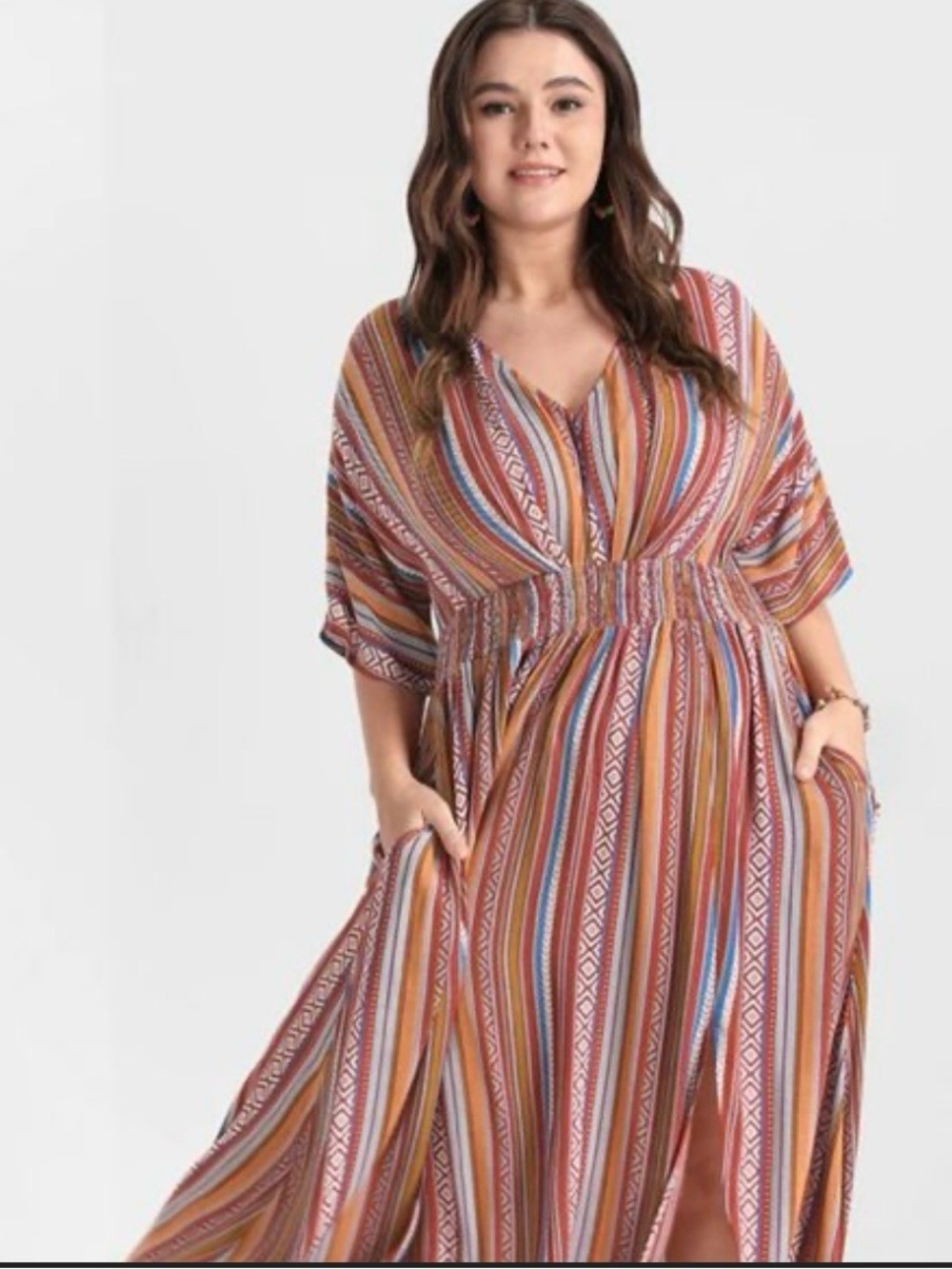 Bloomchic Boho Stripe Maxi Dress in Rust & Blue with pockets